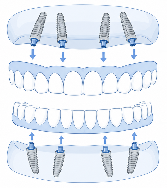 Diagram showing full-mouth dental implants supporting upper and lower arches